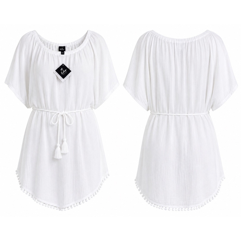 Echo White Swim Cover Up Kaftan Tassel Tie Pom Pom Trim Beach Coverup S/M NWT